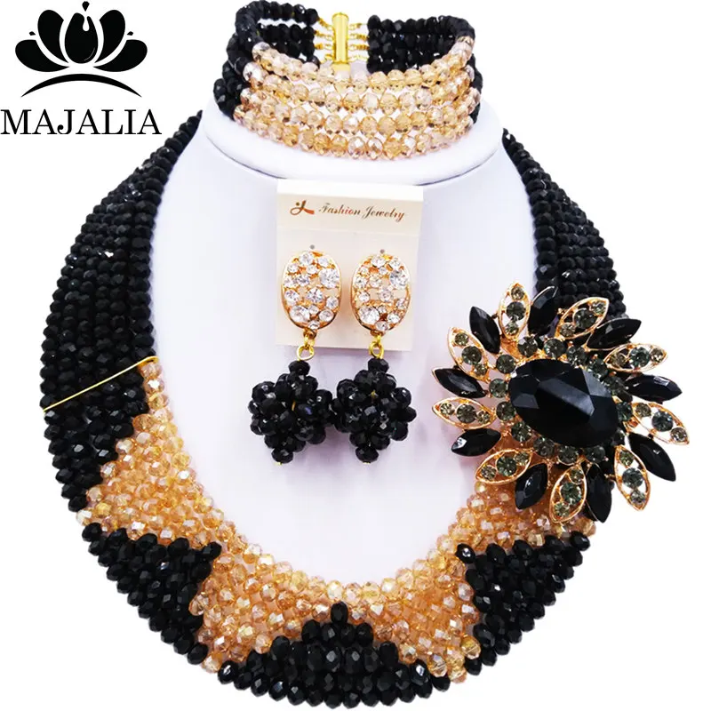 

New Ladies Wedding Jewelry Black and gold ab Crystal Necklace Nigeria Wedding African Bride Wedding Banquet Jewelry Set SJ-34