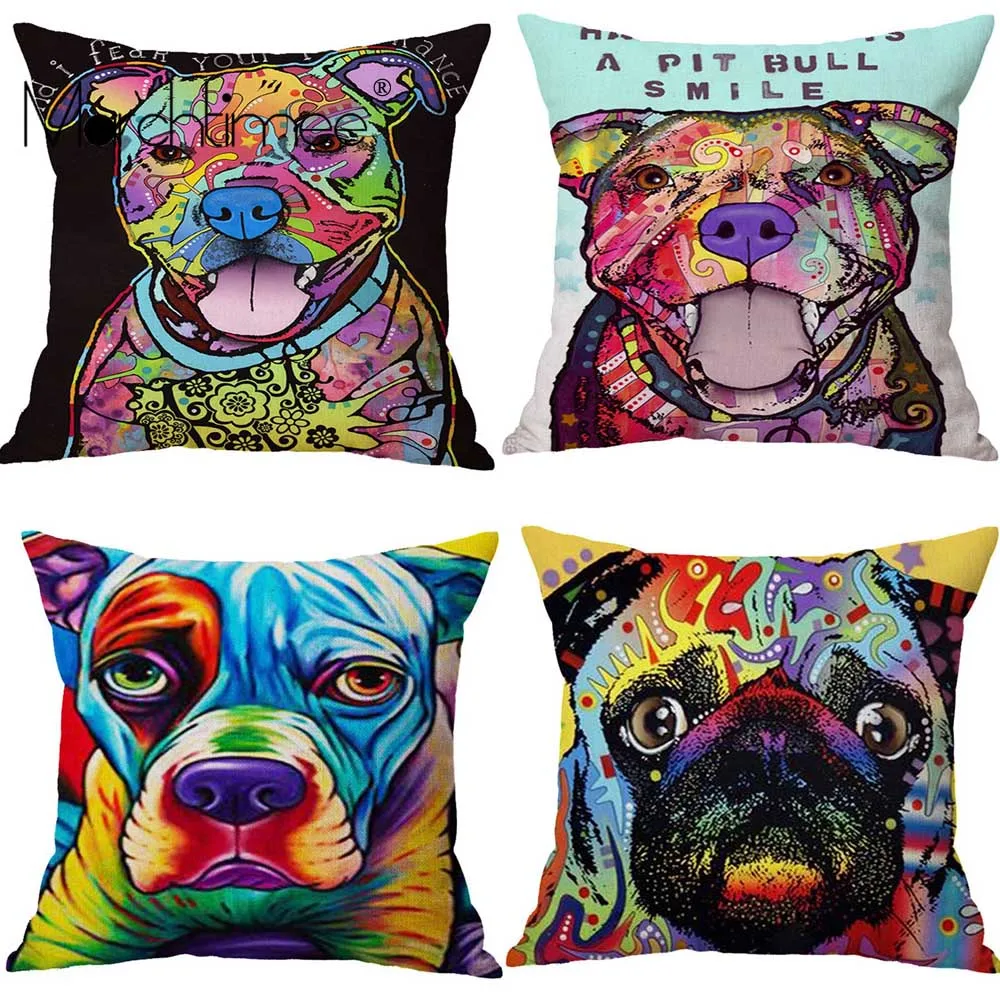 

Colorful Animal Cushion Cover Lovely Dog Bulldog Chihuahua Pillow Cover Linen Water Color Pillow Case Home Sofa Car Bed Decor
