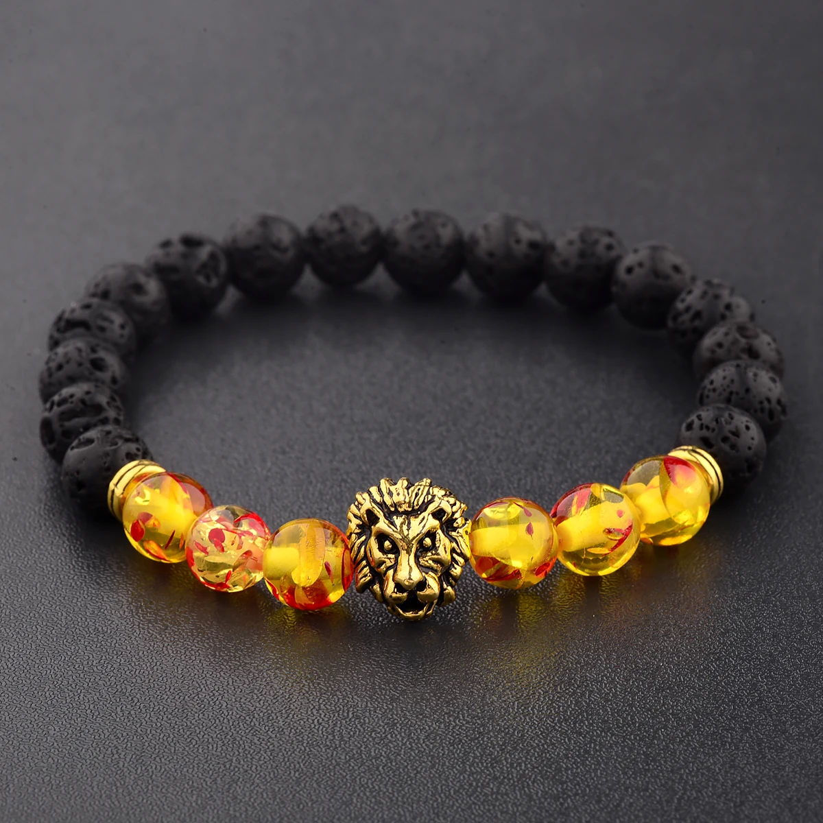 

Classic Natural Black Beads Bracelet Men Fashion Volcanic Lava Beaded Lion Head Charm Bracelet for Women Men Jewelry Gifts