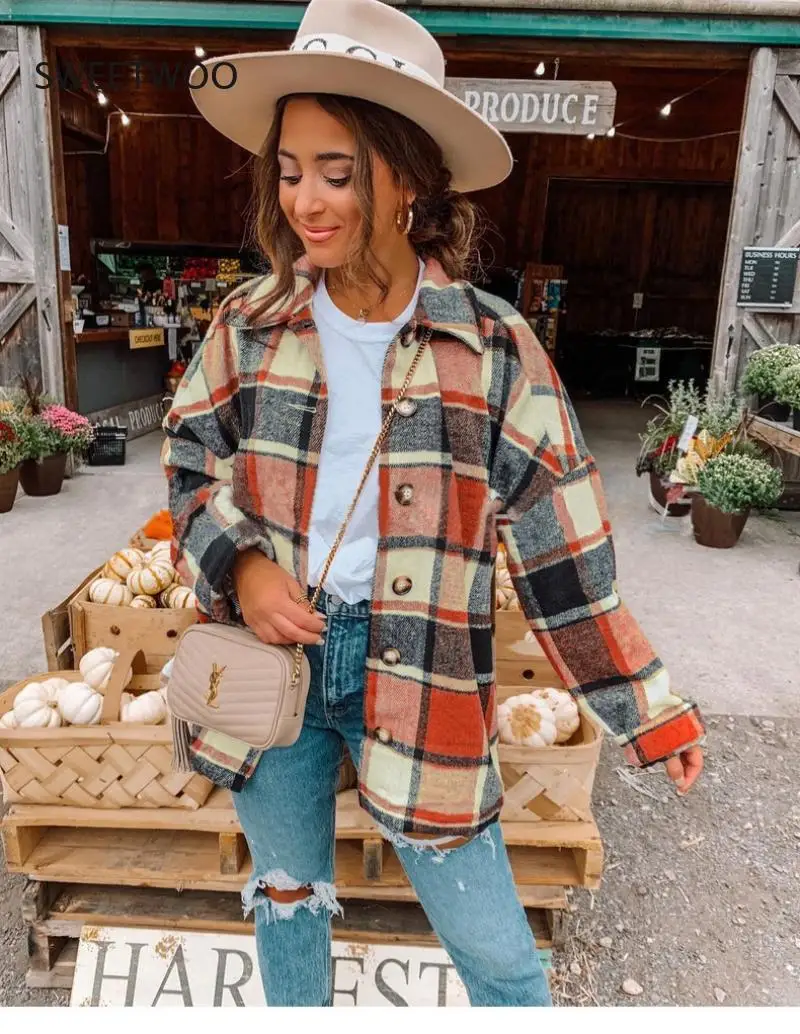 

2021Ins Autumn Street European and American Long-Sleeved Lapel Loose-Fitting Women's Plaid Shirt Mid-Length Jacket