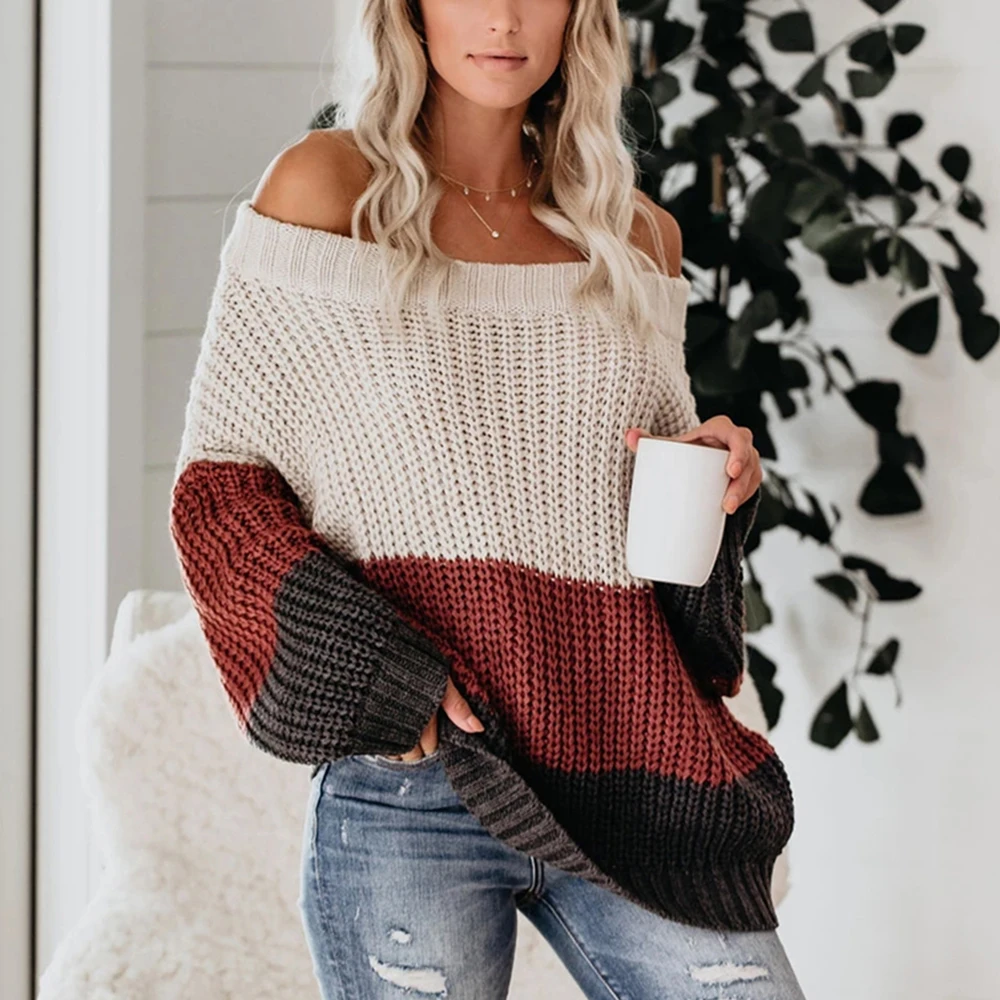 

Women Sexy Slash Neck Off Shoulder Striped Sweaters Autumn Winter Loose Patchwork Jumpers Long Sleeve Knitted Pullover Sweater