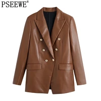 pseewe za brown faux leather blazer women long sleeve autumn jacket woman fashion double breasted office elegant female blazer