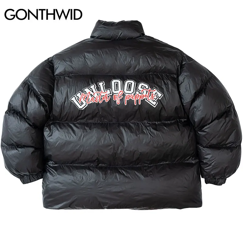 

2021 Winter Parka Puffer Jacket Streetwear Hip Hop Letter Print Cotton Padded Thick Warm Waterproof Coats Harajuku Parka Black