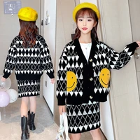 knitted sweater for girls cardigan coat short skirt two pieces fashion rhombic plaid children clothing set autumn kids costumes