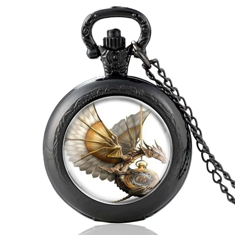 Черные модные кварцевые карманные часы в стиле стимпанк с драконом и кабошоном
