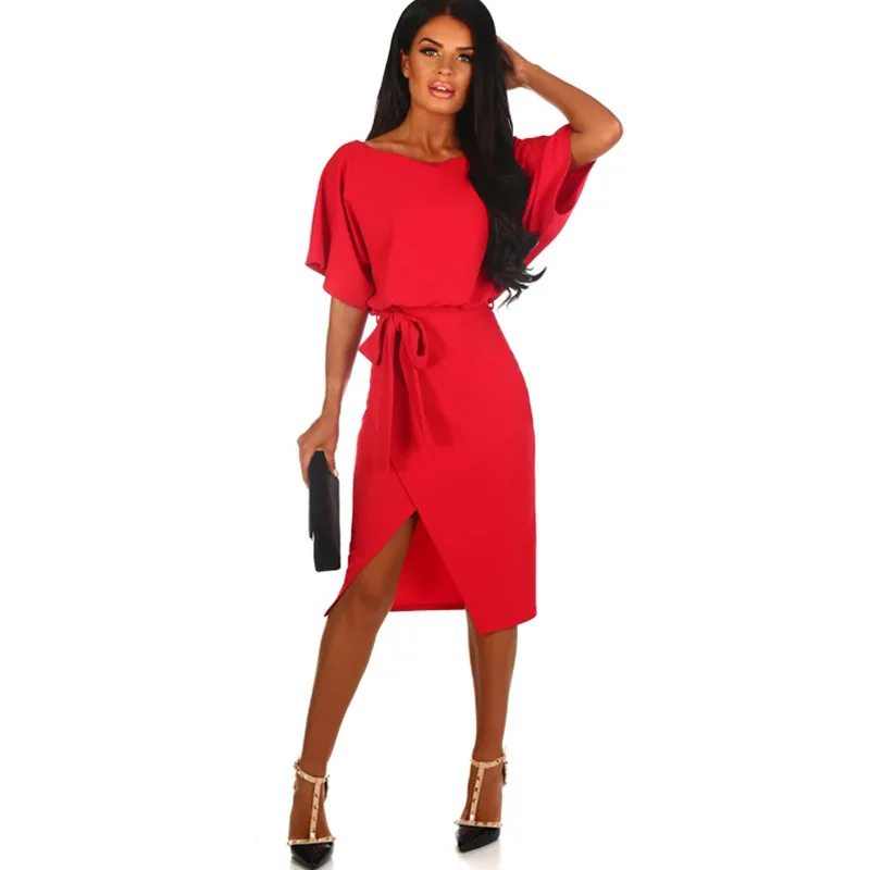 

Women Solid Color Short Sleeve Irregular Formal Party Midi Dress Women's Sexy Dresses Formal Knee Length Round Neck