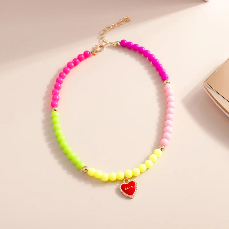 

Rainbow Acrylic Beads Mixed Women Girls Choker Necklace Jewelry with Romantic Red Heart LOVE Letter Party Clavicle Necklace