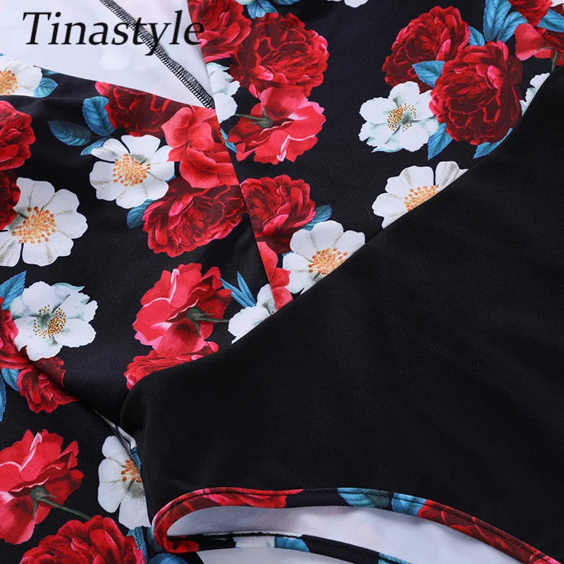 

Tinastyle Printted Deep V Neck Puff Sleeve Bodysuit Women Tops Sexy Skinny Rompers Womens Jumpsuit 2021 Casual Party Body Suit