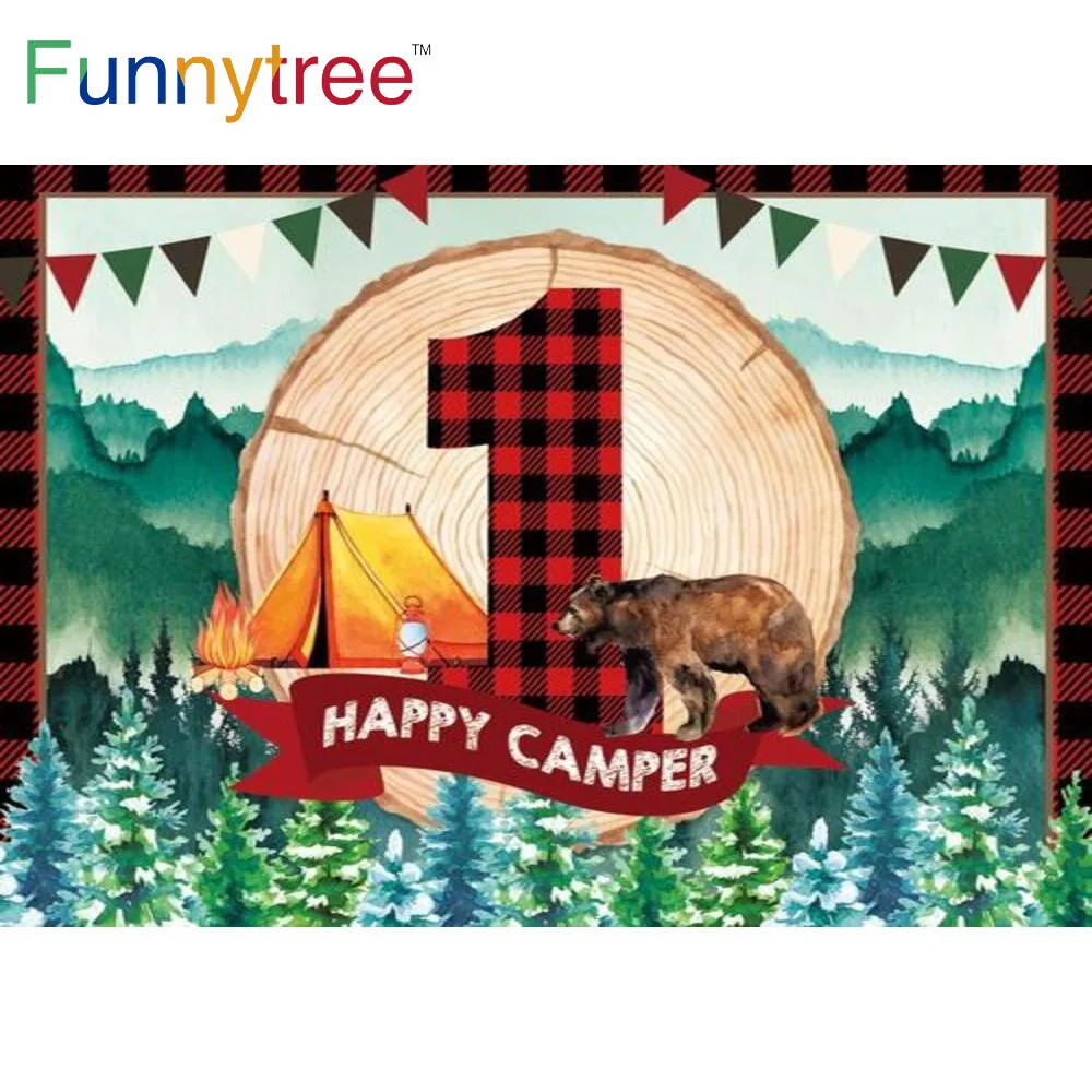 

Funnytree 1st Birthday Party Baby Shower Banner Forests Backdrop Camp Tent Explore Safari Green Hills Tree Stump Background