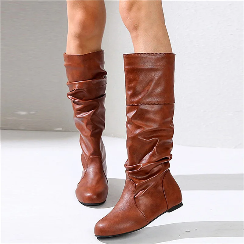 

Flat Bottom Casual Pu Leather Long Boots Large Size 43 42 41 Comfortable Women Knee High Tube Women's Boots Solid Color