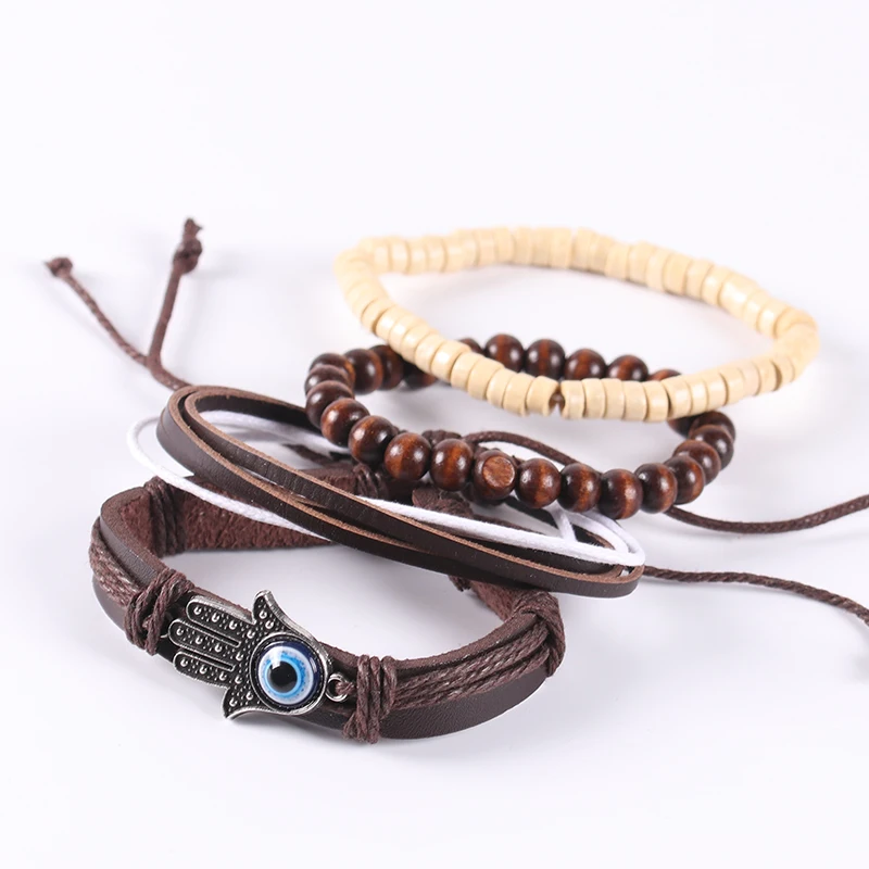 

Bracelet Bangle Fashion Palm Jewelry New Retro Adjustable Handmade Multilayer Leather Bracelet Set Men's Eye Palm Bead Wristband