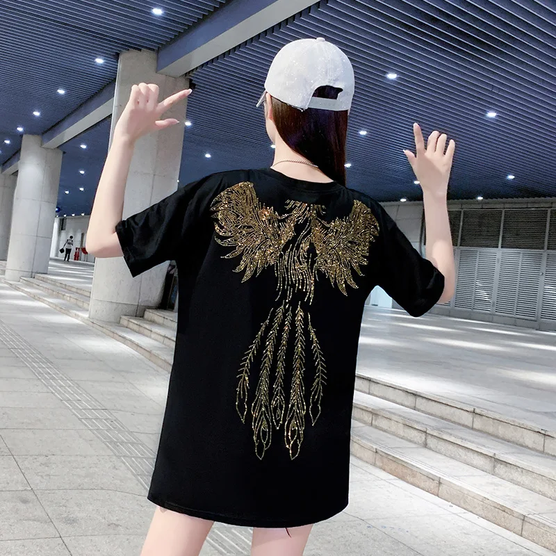 

All-Cotton T-shirt Women's Summer New European-Style Hot Drilling Phoenix plus Size Loose Mid-Length Ins Top Fashion O-Neck
