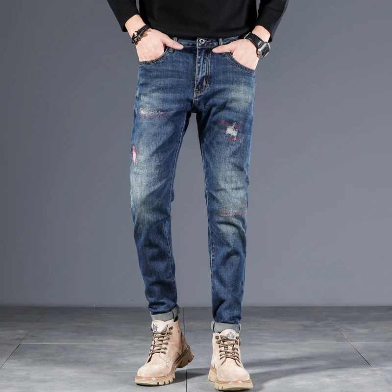 Джинсы мужские с вышивкой повседневные штаны модная уличная одежда рваные