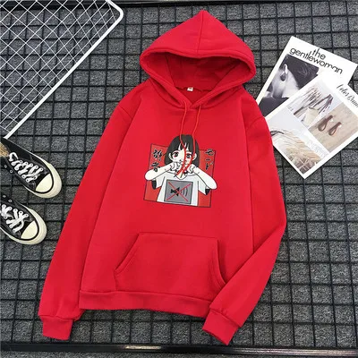 Ulzzang, японский принт с героями мультфильмов, Женская толстовка с капюшоном, новинка зимы, Harajuku, свободная, плюс бархат, толстая, Повседневная Женская толстовка - Цвет: red