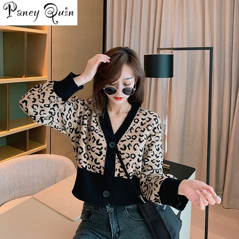 

Новый леопардовый кардиган свитер женский корейский стиль короткий 2020 Ранняя осень свободный западный стиль с v-образным вырезом рубашка т...