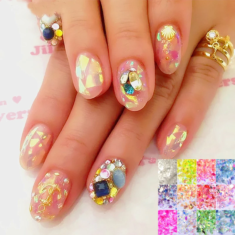 

Wholesale 12Colors Irregular Shell Glitter Powder Manicure 3D Acrylic Cameo Crushed Sea Shining Nail Art Ice Mylar Foil Paper