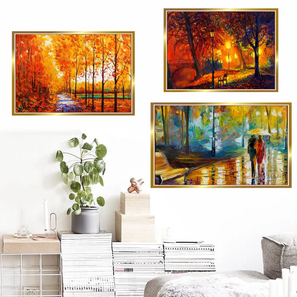 Скандинавский пейзаж картина маслом Золотая Осенняя акварельная на холсте для