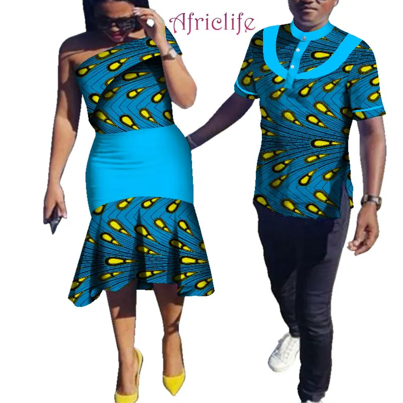 

Party Couple Clothing Women Pleated Skirt and Men T Shirt African Wax Print Cotton Summer Couple Clothing WYQ354