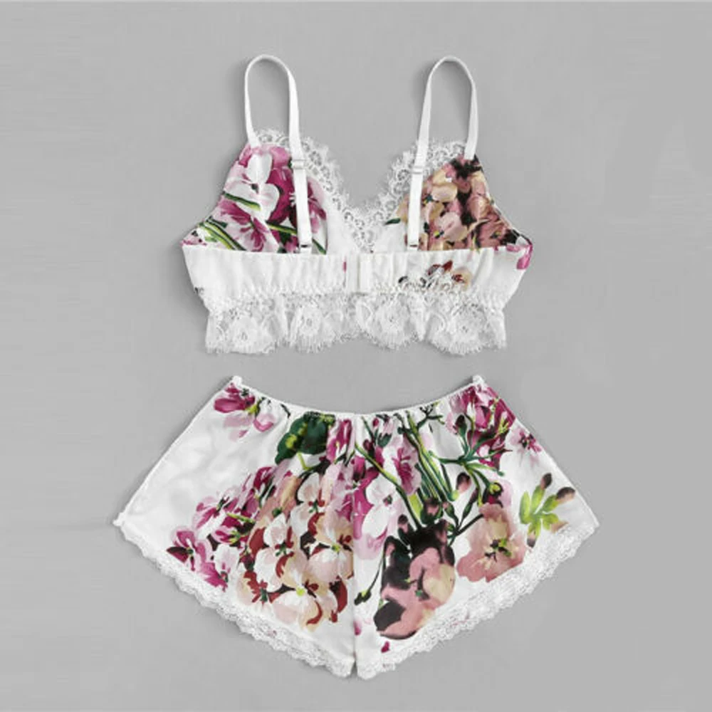 

Women Floral Nightwear Sexy Lingerie Strap Bra top Shorts Babydoll Pajama Set