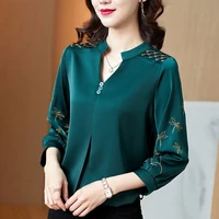 large size loose satin middle sleeved shirt women collar embroidered sleeve shirt fashion top casual solid silk v neck