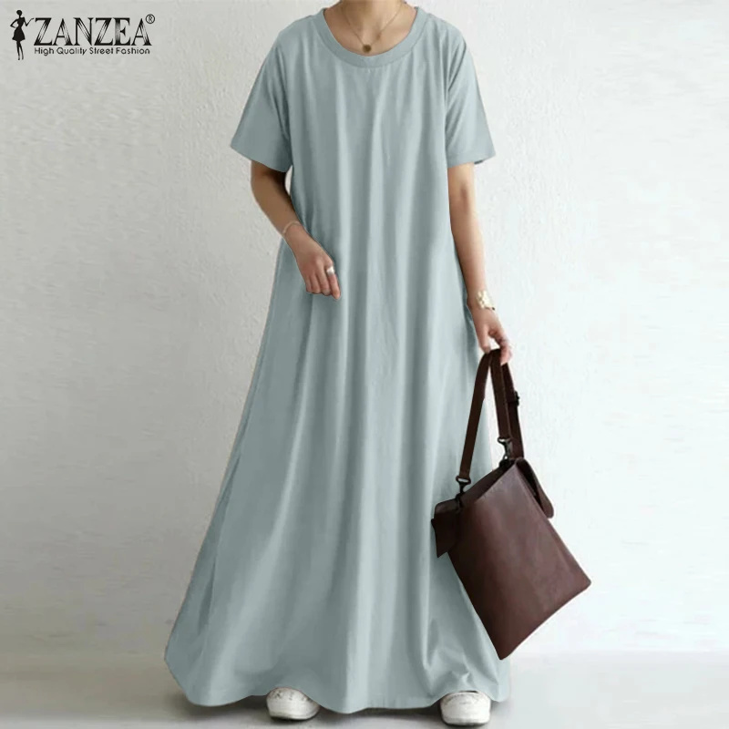 

ZANZEA Female O Neck Robe Femme Faldas Largas Women Summer Sundress 2021 Kaftan Solid Maxi Dress Leisure Short Sleeve Vestidos