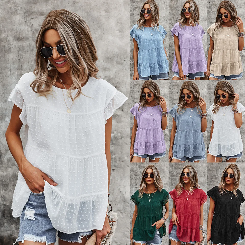 

Top Women Summer Round Neck Clothes Polyester Cotton Petals Short-sleeved Loose Women's T-shirt Solid Color Commuter