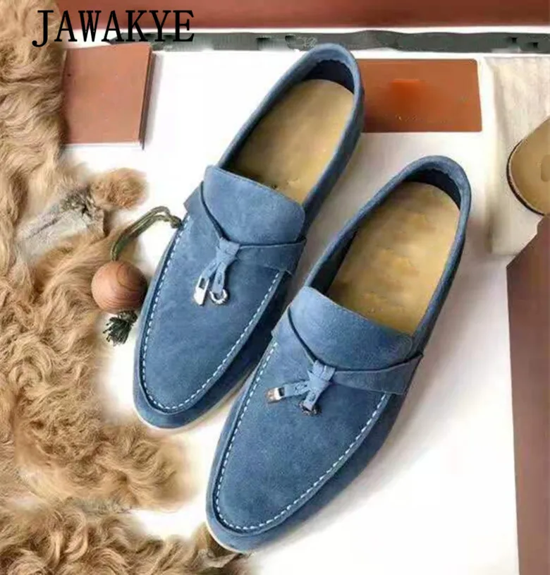 blue Лидер продаж; женские замшевые туфли на плоской подошве; удобная повседневная обувь из натуральной кожи; женские лоферы без застежки с металлическим украшением; женская обувь разных цветов - Цвет: blue