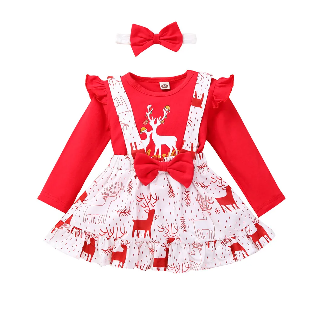 

Girls Christmas Outfits Toddler Kids Baby Girls Solid Tops+Christmas Suspender Skirt Bow Outfits 3pc Cartoon Print Girl Clothing