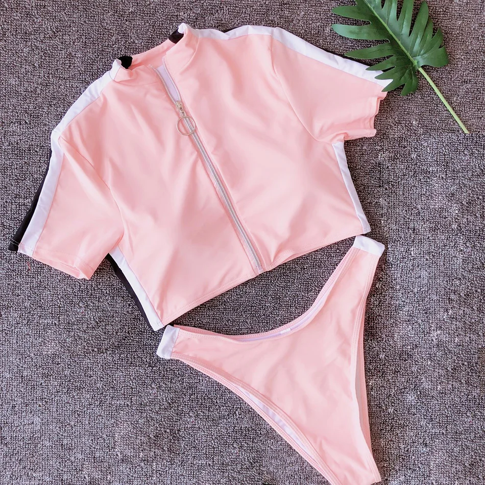 Женский купальник с короткими рукавами однотонный подкладкой пуш ап на молнии