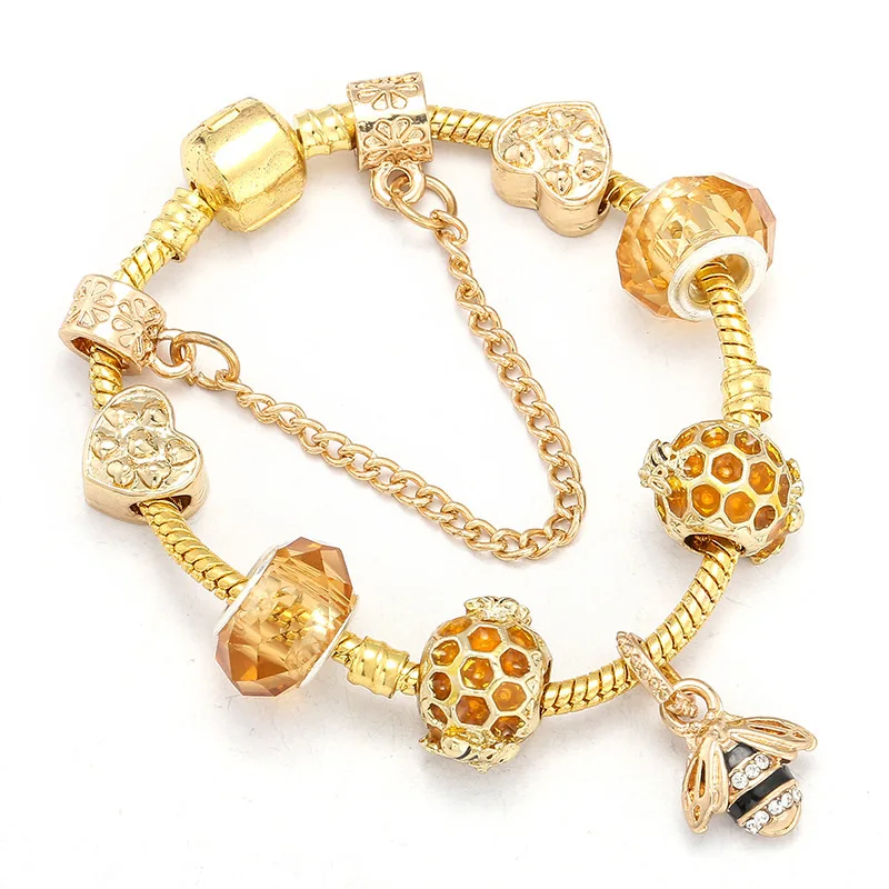 Шарм Золотой Апис флорея браслет соты эмаль жемчуг Сплав пластина с серебряным