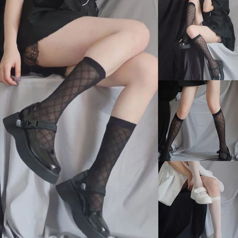 

Thin Section Comfortable Breathable Sweet Girl College Style Trend Woman's Smiple Calf Sock with Dark Rhombus Shape