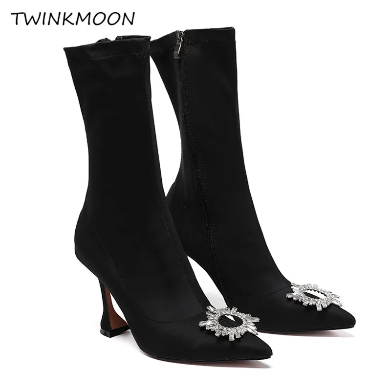 Ботинки с пряжкой со стразами женская обувь цвет черный красный модные