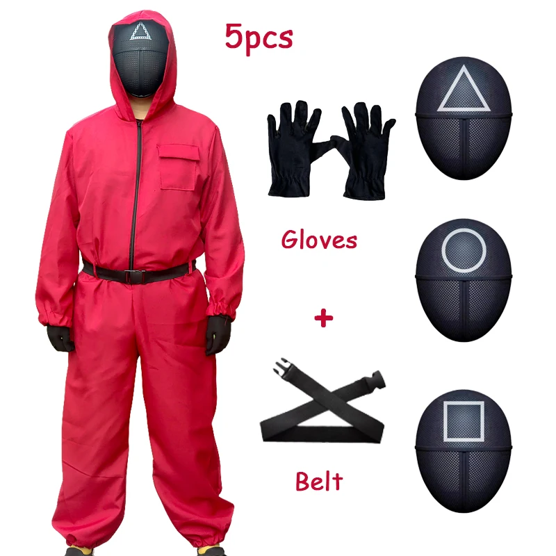 

Adult Red Jumpsuit Squid Costume Game With Mask Belt Gloves Cosplay Deguisement Masquerade Party Cosplay Props Dress