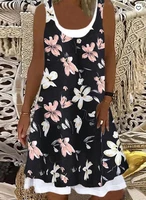 2021 boho dress women casual floral print short sleeve o neck pocket slim mid waist dresses summer loose streetwear beach dress
