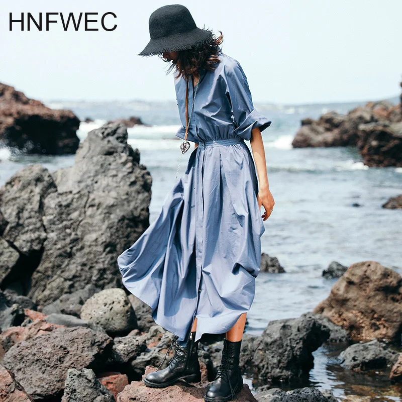 

2020 new summer fashion women turn-down collar short sleeves high waist single breasted loose big size dress V320