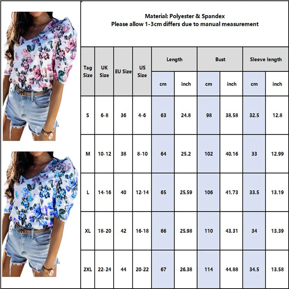 

Puff Sleeve T Shirts Half Sleeve Floral Print Tops for Female Women 2021 Summer Fashion Tops Ladies Casual V-neck Streetwear D30