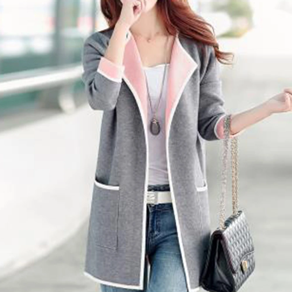 Модный Теплый Женский однотонный Кардиган с длинным рукавом и карманами