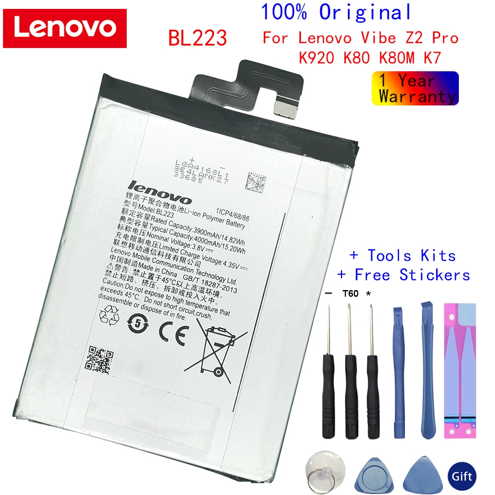 

100% New Original Real 4000mAh BL223 battery Batterie for Lenovo Vibe Z2 Pro k920 K80 K80M K7 Replacement Batteries