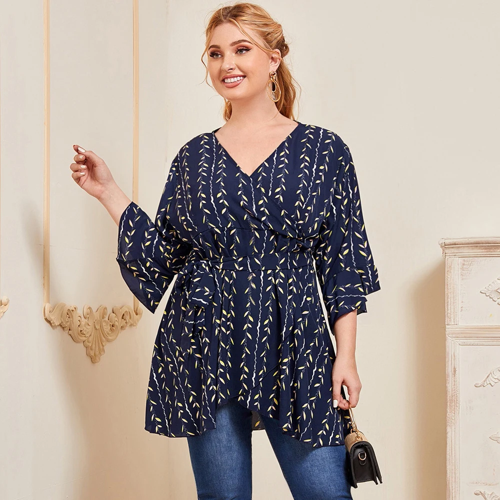 

FridayIn 2021 Autumn Women's Plus Size V-neck Flared Three Quarter Sleeves with Digital Printing Slimming Casual Top XL-5XL Bow
