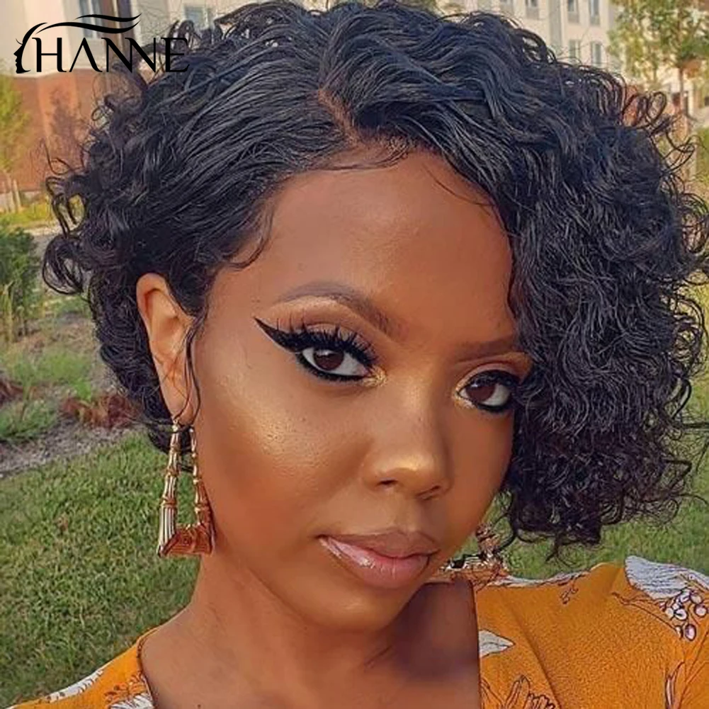 

Короткий парик с кружевной частью, кудрявые безклеевые парики с вырезами фея, парик из бразильских человеческих волос с глубокой волной, натуральный черный, 613 цветов для женщин