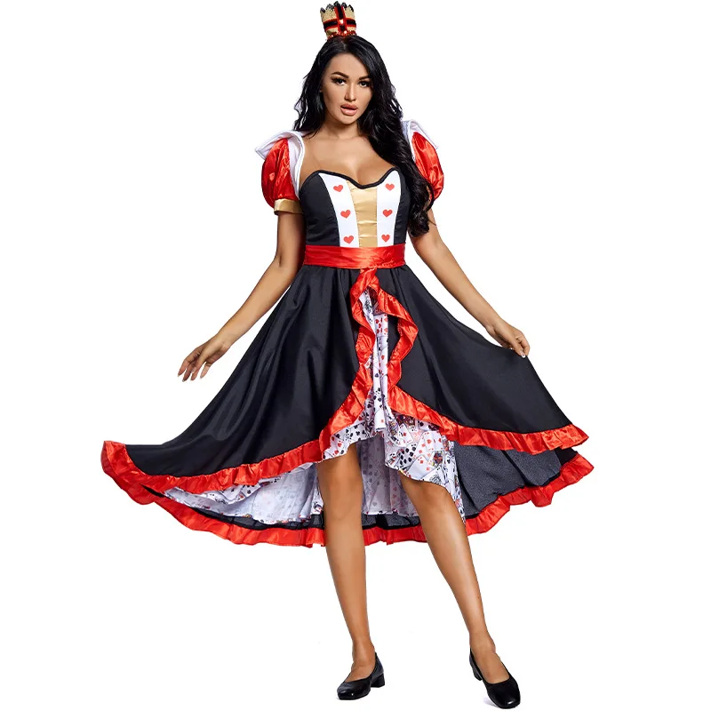 

Card Printing Woman Queen of Hearts Cosplay Female Halloween Princess Costumes Carnival Purim Stage Show Role Play Party Dress