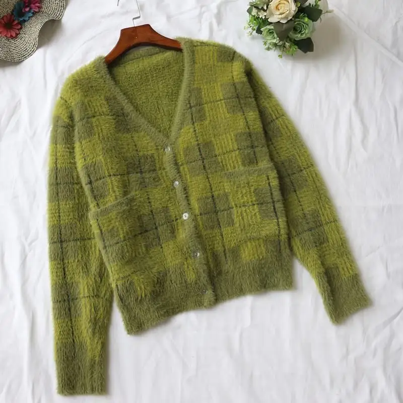 Осенне зимний женский зеленый плюшевый свитер винтажные клетчатые свободные