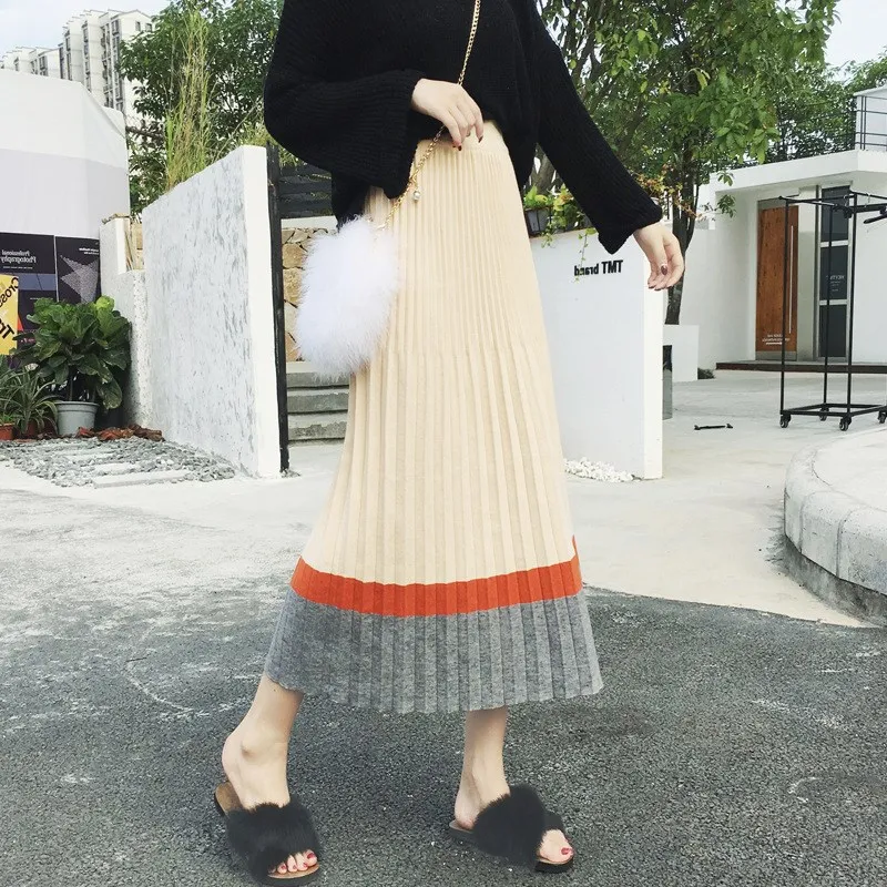 

2022 Autumn & Winter New Korean Elastic High-waisted Thin Temperament Big Swing Women Knitted A-line Long Skirt Free Shipping