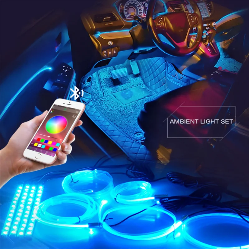

8M RGB Fiber Optic Car Interior Decorative Ambient Light App Sound Control LED Strip Cigarette Lighter Auto Atmosphere Lamp 12V