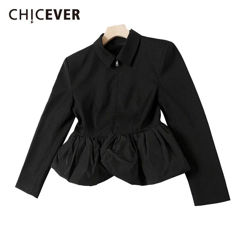 

CHICEVER, корейская мода, лоскутные куртки с рюшами для женщин, воротник с лацканами, длинный рукав, пэтчворк, на молнии, однотонные пальто, женск...