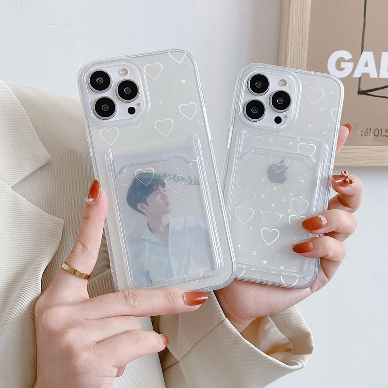 

Korea 3D Colorful Laser Love Wallet Card Holder Phone Case For iPhone 11 12 13 Pro Xs Max X Xr 7 8 Plus SE 2 Clear Back Cover