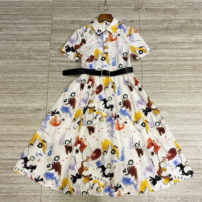 

Runway Dress Women 2021 Summer New Fashion Abstract Print High Waist Elegant Vintage Short Sleeve Party Night Midi Dresses Mujer