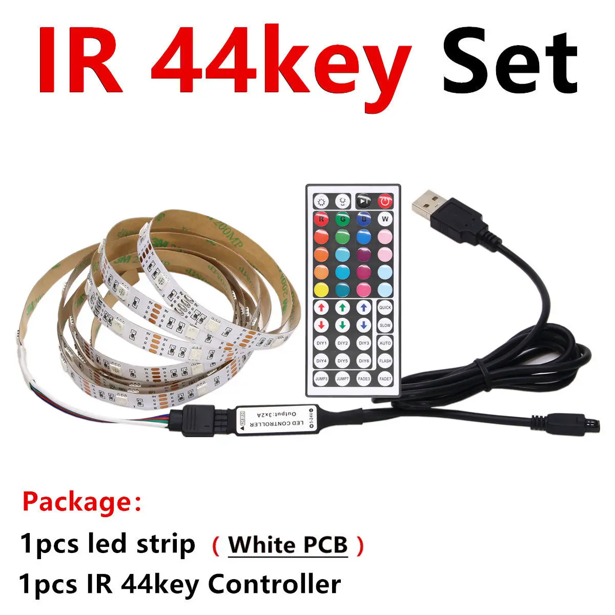 White PCB 44key Set USB RGB Светодиодные ленты Водонепроницаемый 5V 5050 SMD RGB USB Светодиодные ленты светильник с регулируемой яркостью, лента светодиодный светильник 17key 44Key/24key Добавить Wi-Fi - Испускаемый цвет: White PCB 44key Set