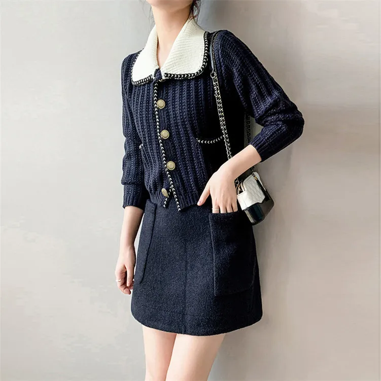 

FOR Women Navy Blue Loose Cardigan 2019 Autumn Turn-down Collar Single Breasted Sweater Coat Hit Color Cable Knit Sweater Jacket