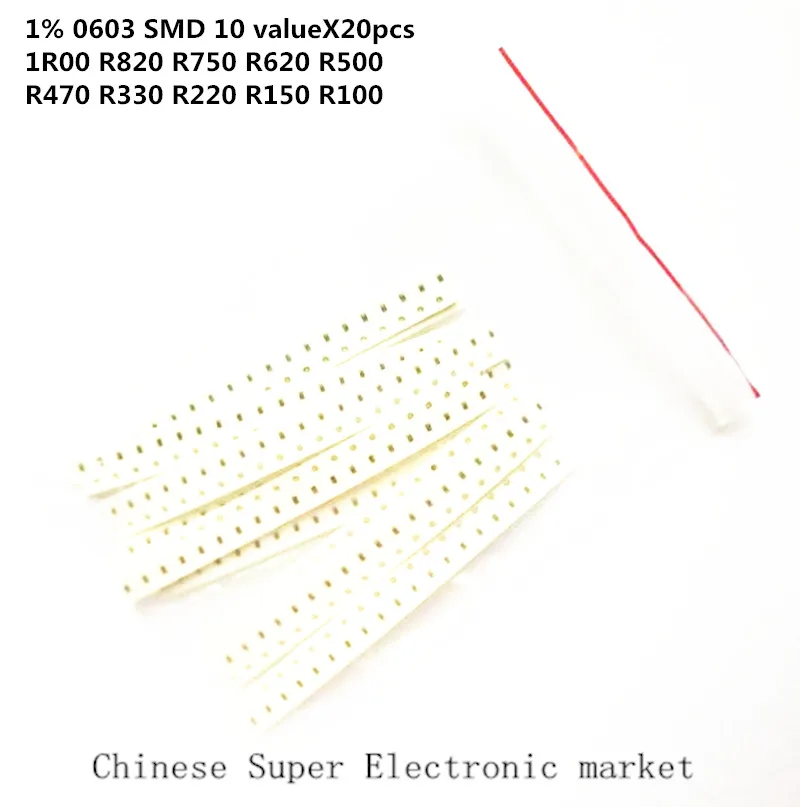 200 шт. 1% SMD резисторы набор для самостоятельной сборки 10 valuex20 = 0603 1R00 R820 R750 R620 R500 R470